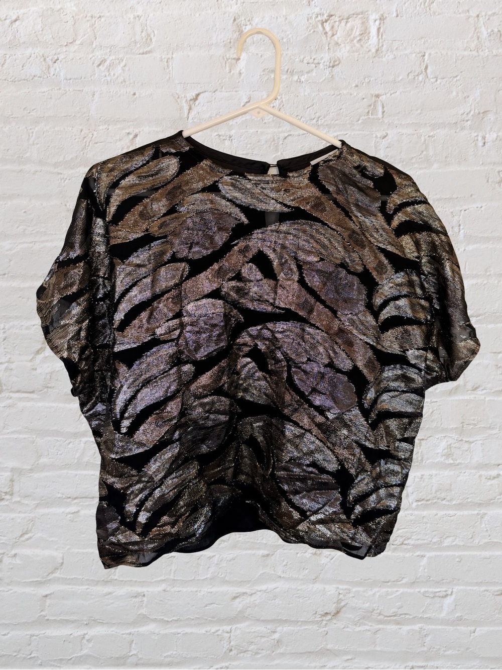 Pearlette Plus Vintage 80s Metallic Leaf Top Black Gold Plus 1X Made in USA - Picture 2 of 7